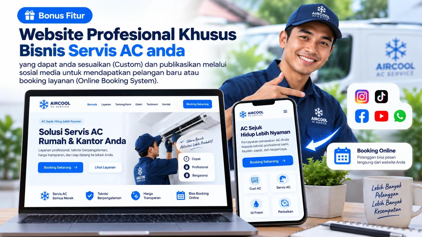 Bonus Fitur: Website profesional khusus bisnis servis AC Anda — bisa dikustom, dipublikasikan ke sosial media, dengan sistem booking online.